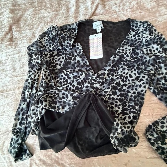 Peyton Jensen Mesh Leopard Print Long Sleeve V Neck Top Size S - Picture 5 of 8